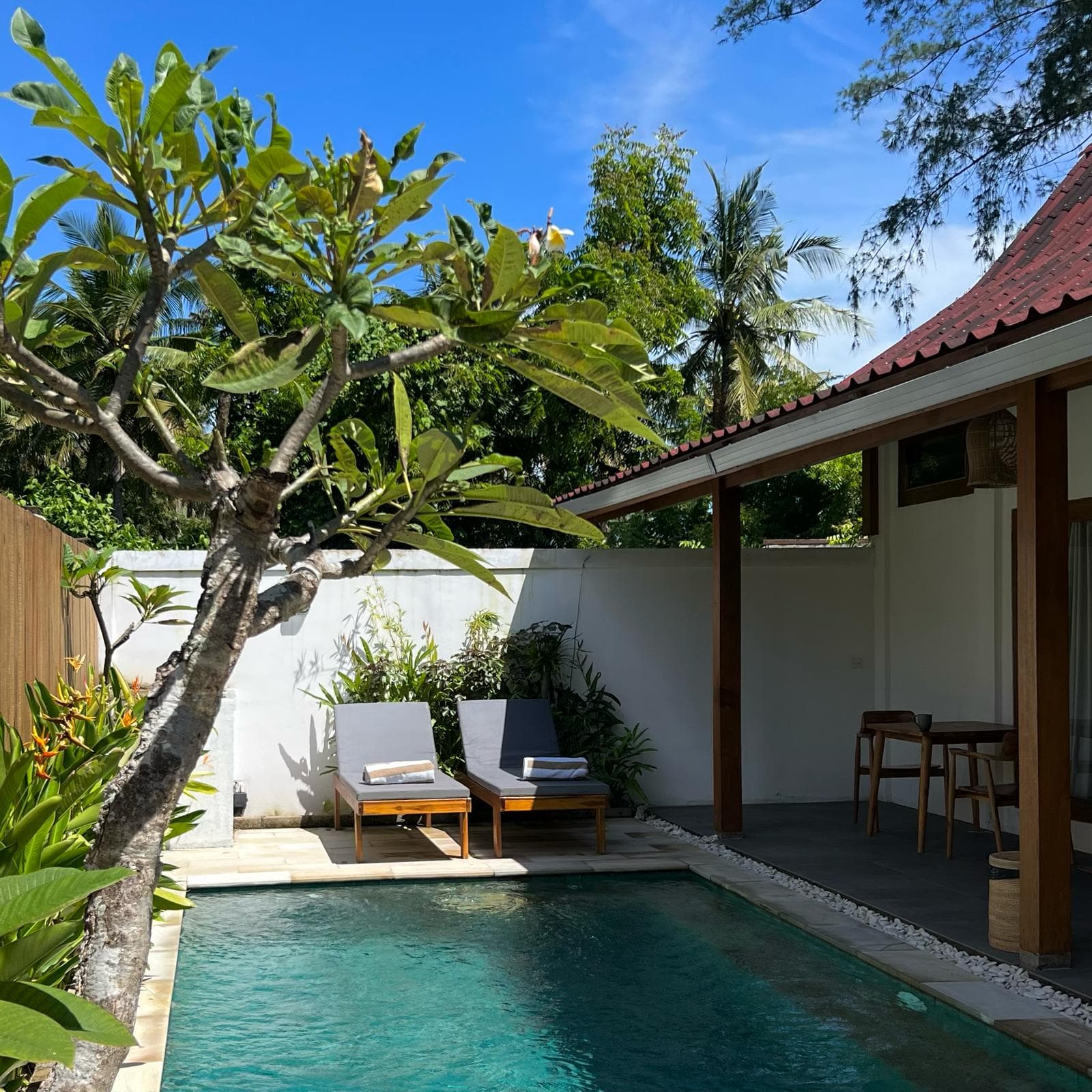 Makuta Villa pool under the frangipani tree